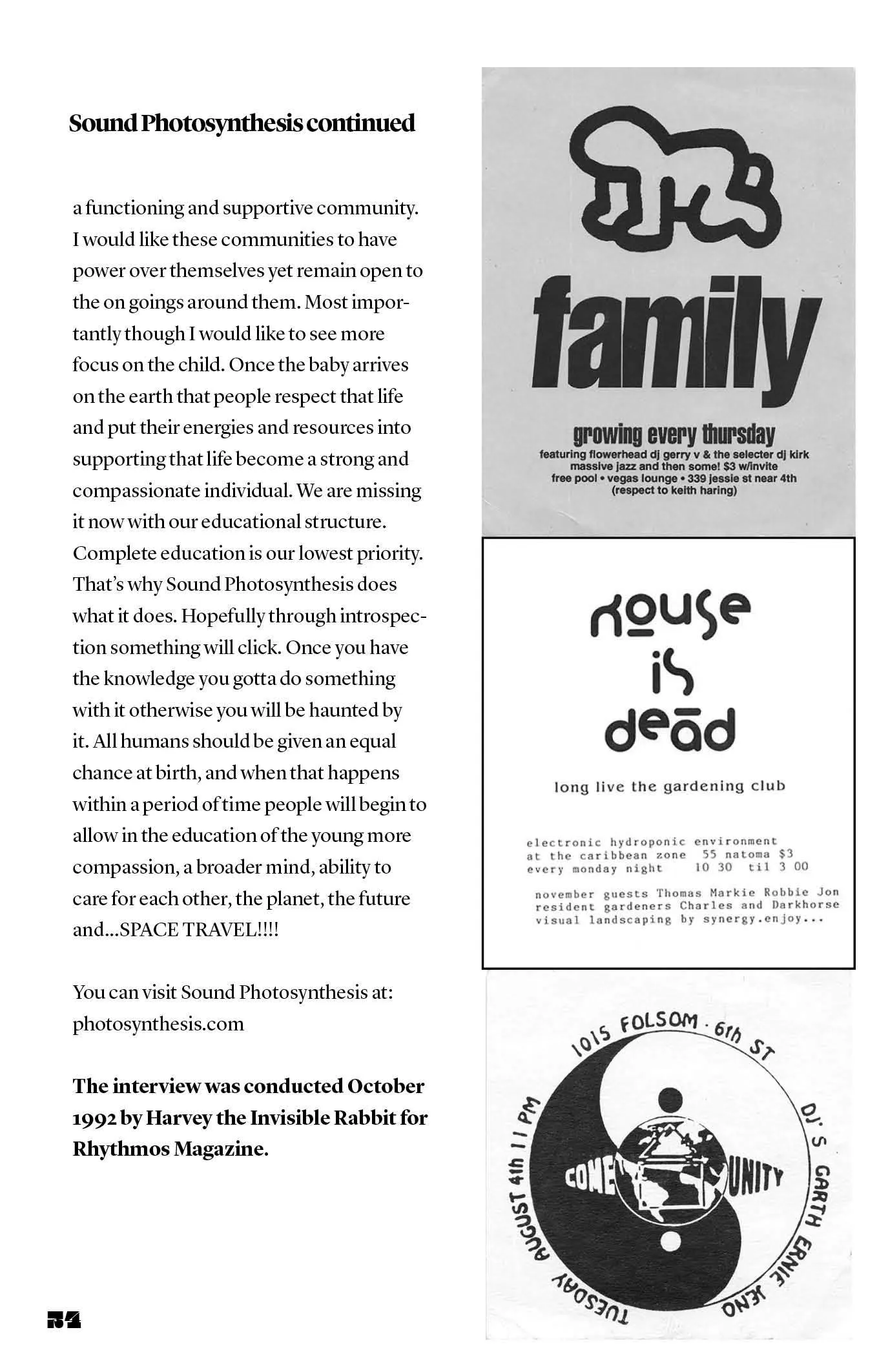 Zine page with the end of a Sound Photosynthesis interview beside three club flyers: "Family," "House Is Dead," and a yin-yang "Community" flyer.