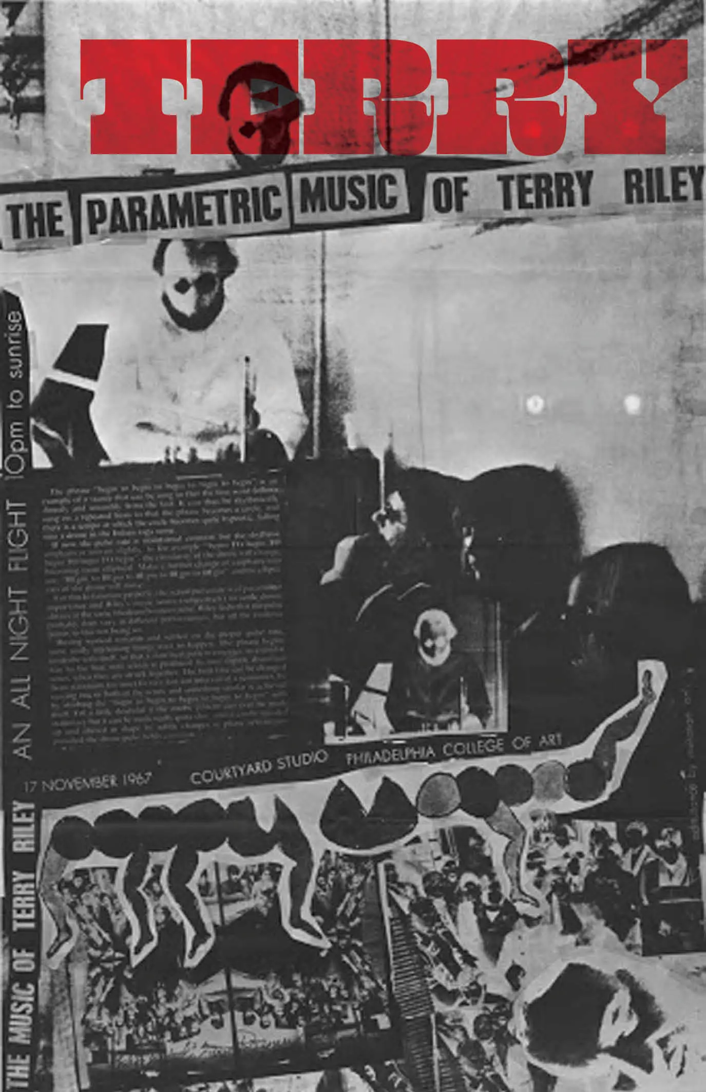 Black-and-white collage poster with red block letters "TERRY" reading "The Parametric Music of Terry Riley," an all-night concert at Philadelphia College of Art, 17 November 1967.