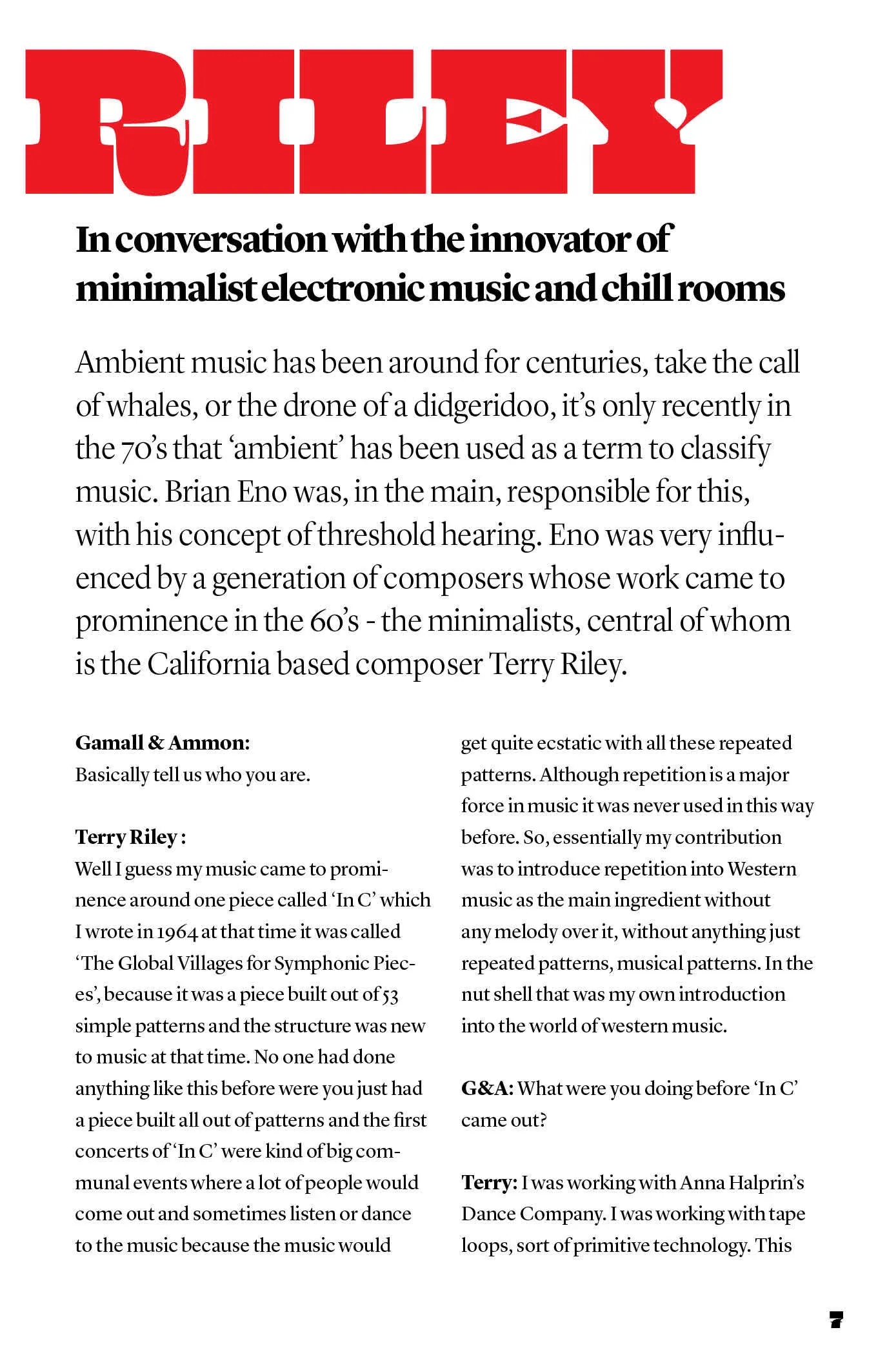 Magazine page with large red "RILEY" headline over an interview about minimalist electronic music in two columns.