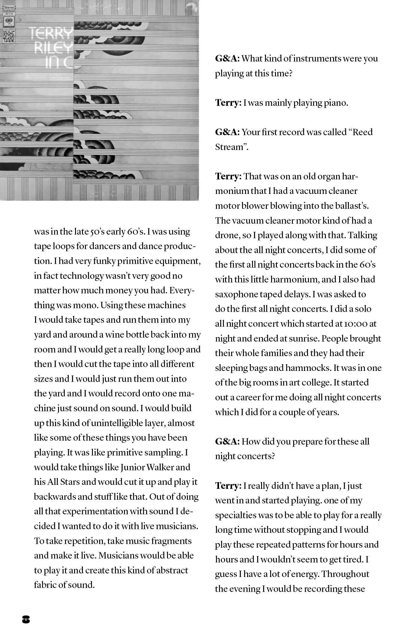 Magazine page with a black-and-white "Terry Riley In C" graphic at top left and two columns of interview text.