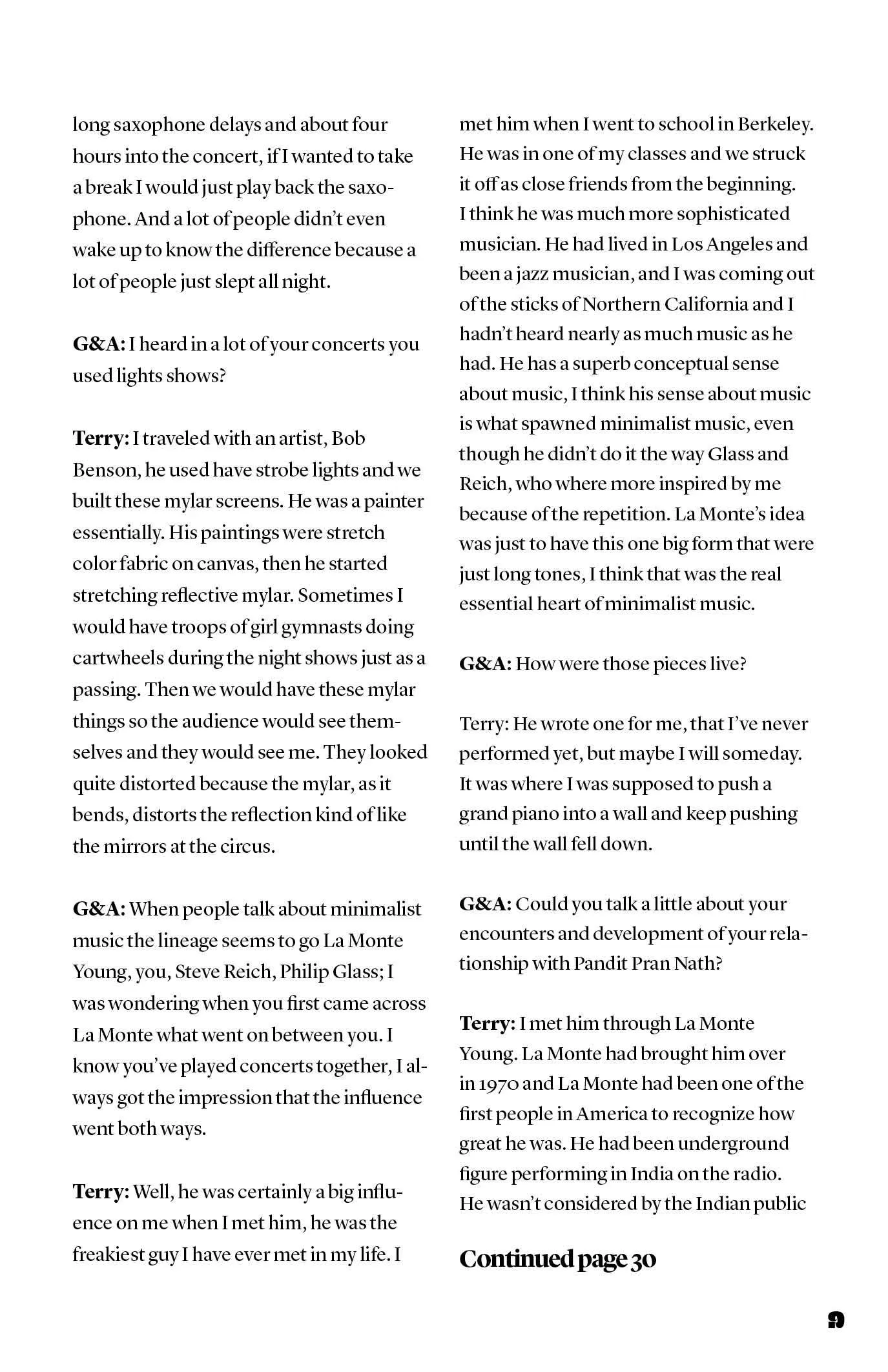 Magazine page with two columns of a printed Q&A interview, ending with the note "Continued page 30."