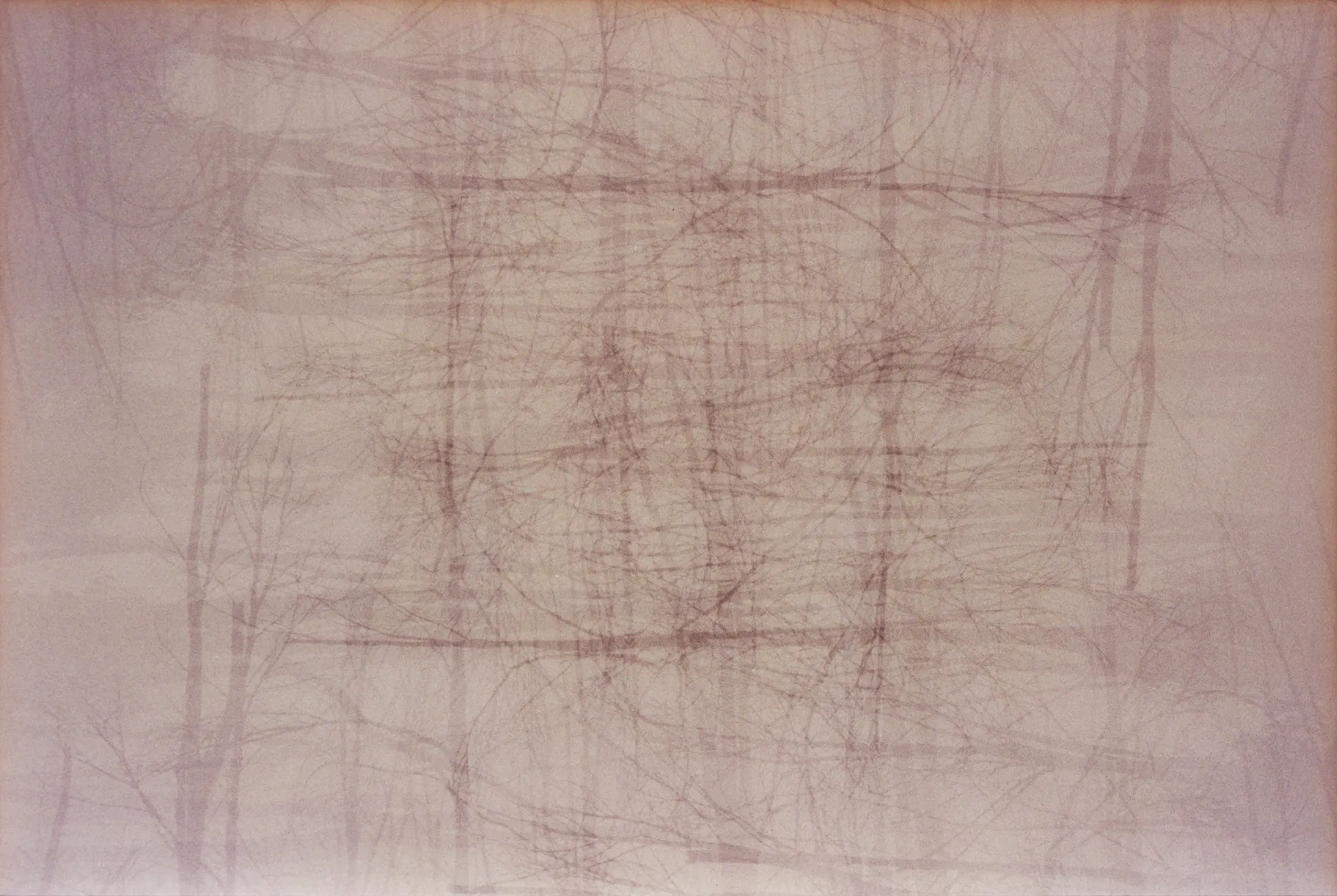 Faint pale drawing covered in dense overlapping scratched lines and grid marks in muted pink and gray tones.