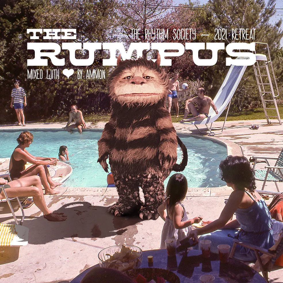 Mix cover with a furry Wild Things-style creature composited into a vintage poolside photo, titled "The Rumpus."