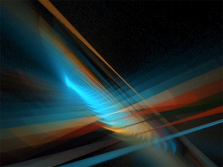 Abstract generative artwork with intersecting streaks of blue, orange and teal light on a dark grainy background.