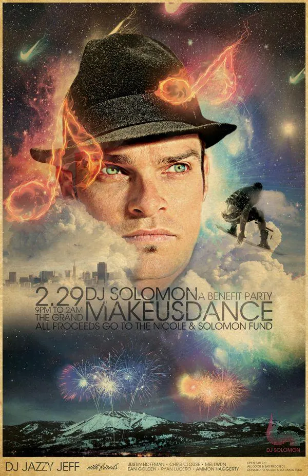 Event poster with a man's face in a fedora composited over clouds, cosmos, fireworks and mountains, reading "2.29 DJ Solomon MAKEUSDANCE, a benefit party."