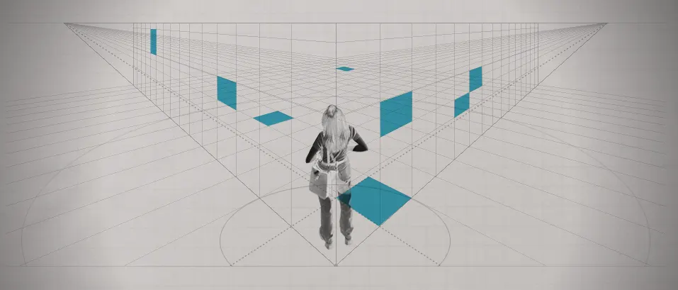 A person stands inside a white wireframe grid space with floating teal rectangular panels around them.