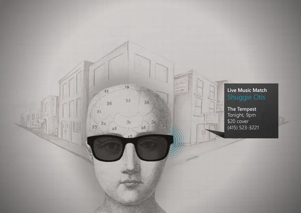 Illustration of a phrenology head wearing dark sunglasses before a sketched street, with a pop-up card reading "Live Music Match."