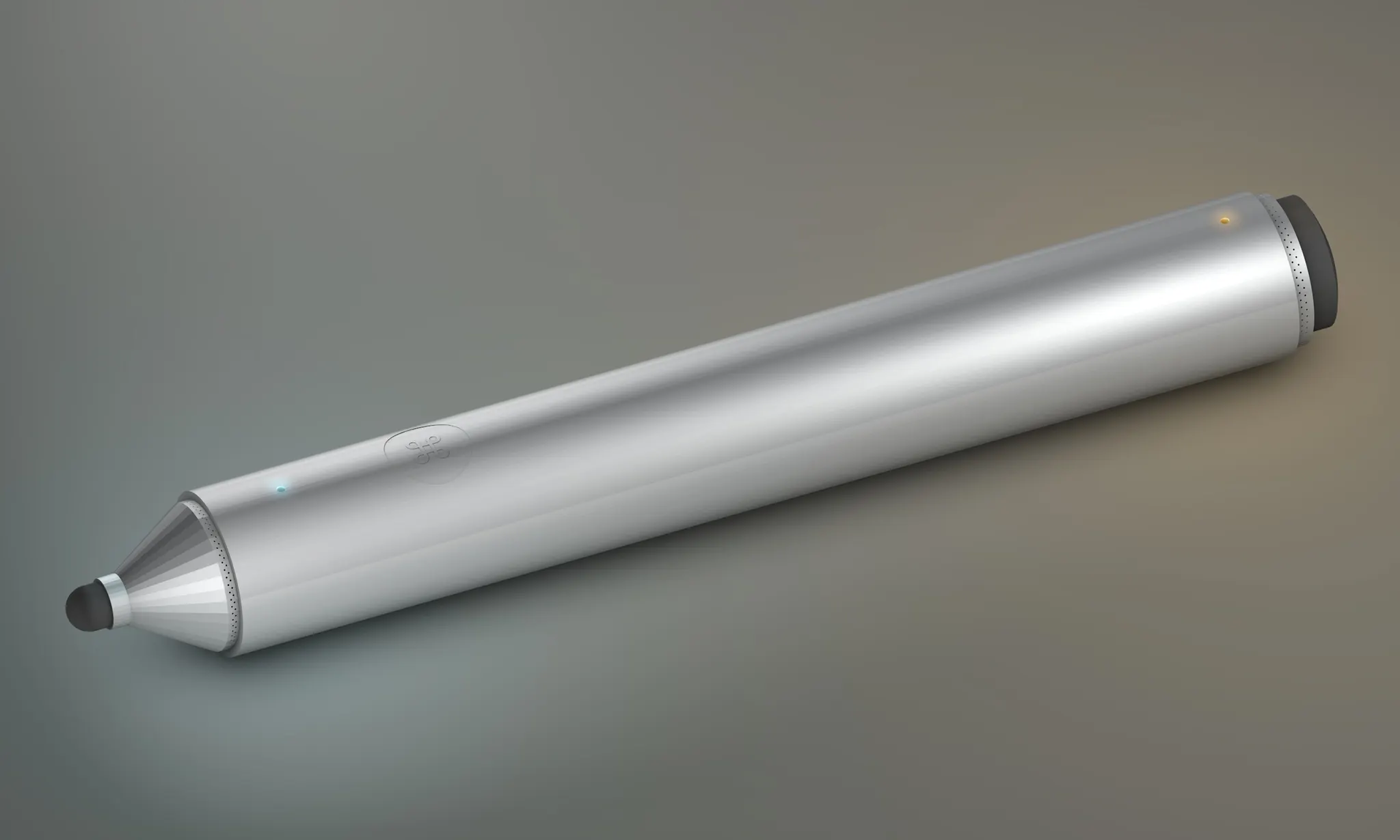 3D render of a brushed aluminum stylus with a tapered black tip, resting on a gray gradient surface.