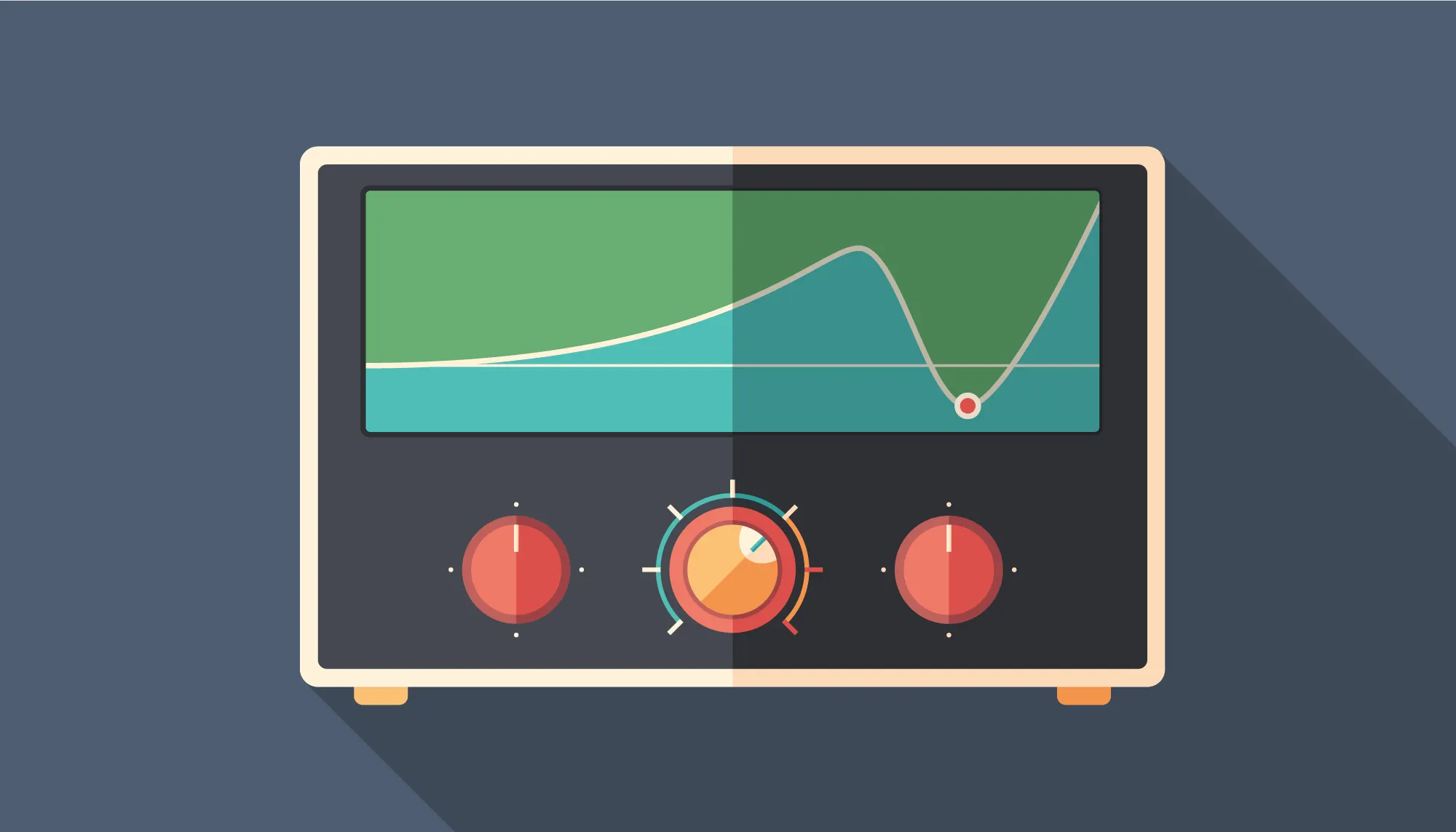 Flat illustration of a retro instrument panel showing a curve that dips into a valley, with three dials below.