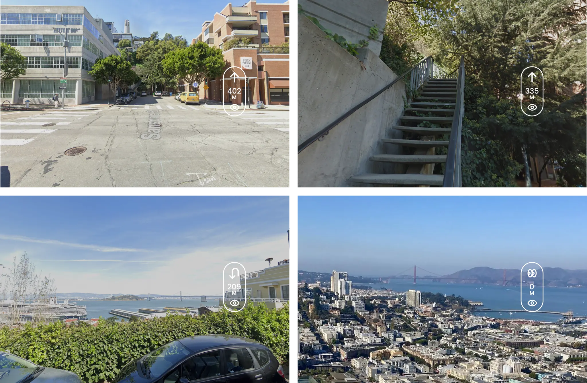Four street-level views of San Francisco with small numbered on-screen markers, showing a street, a stairway, and bay vistas.